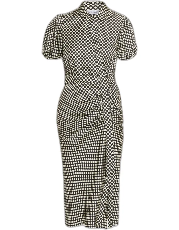 Puff-sleeve Ruched Polka-dot Silk Midi Dress