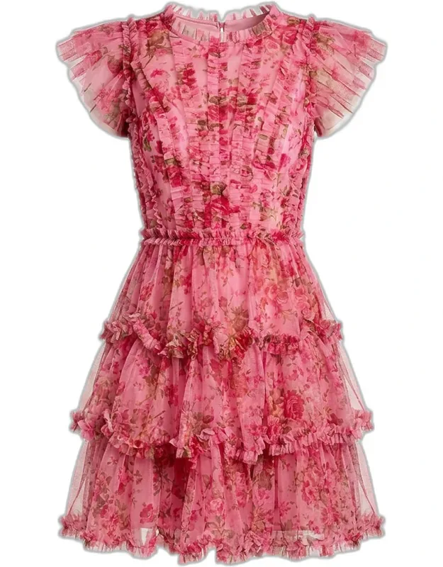 Ruffled Floral Cap-sleeve Mesh Mini Dress