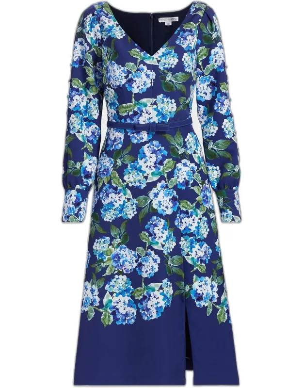 Hydrangea Stretch Crepe Belted Midi-dress