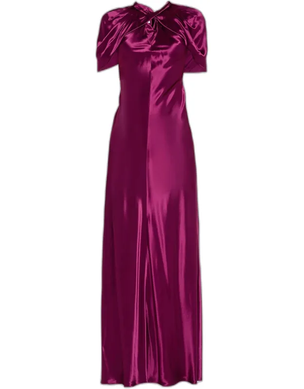 Twisted Capelet Satin Maxi Evening Dress