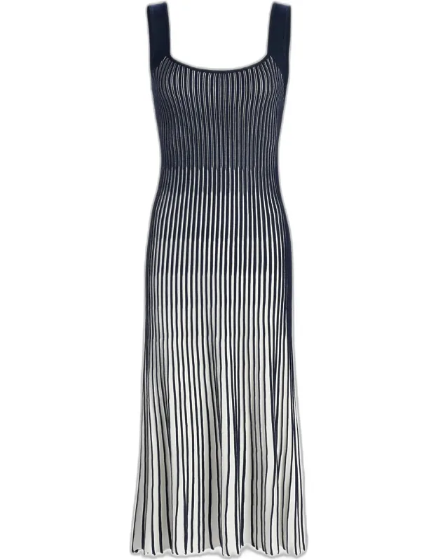 Pleated Ombré Rib-knit Midi Dress