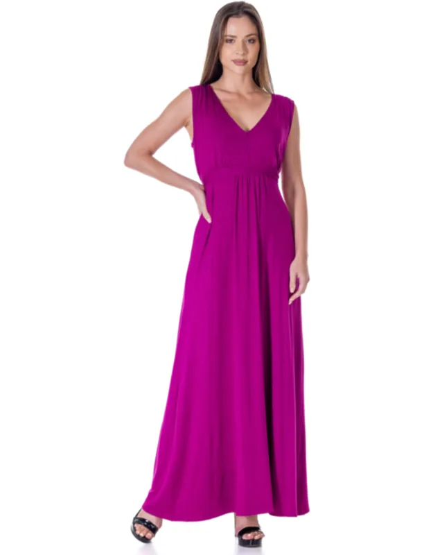 V Neck Tie Back Empire Waist Sleeveless Maxi Dress