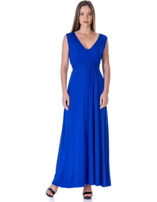 V Neck Tie Back Empire Waist Sleeveless Maxi Dress
