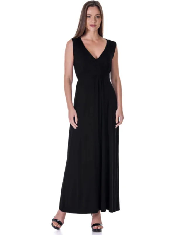 V Neck Tie Back Empire Waist Sleeveless Maxi Dress