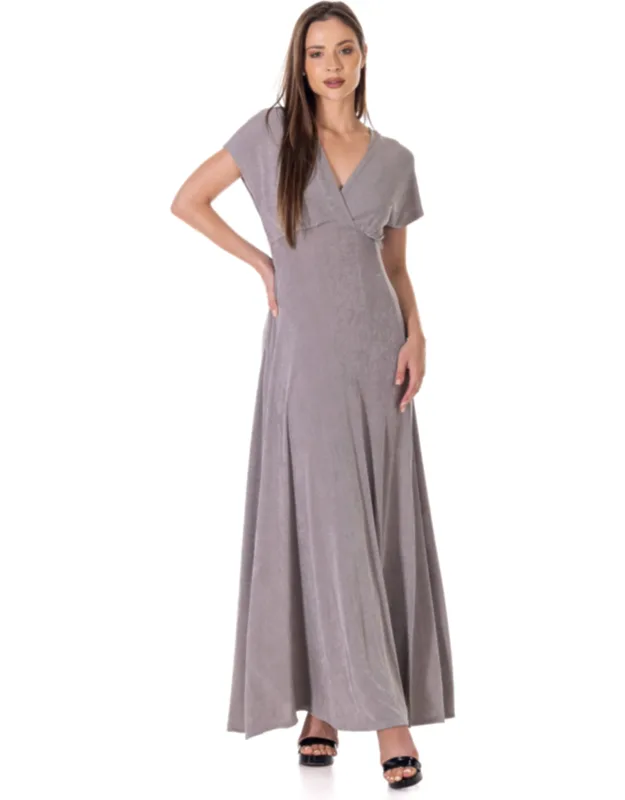 Kimono Flutter Sleeve Metallic Knit Front Slit Empire Waist Maxi Dress
