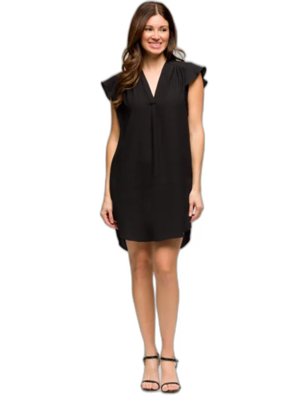 V Neck Cap Sleeve Round Hem Mini Pocket Shift Dress