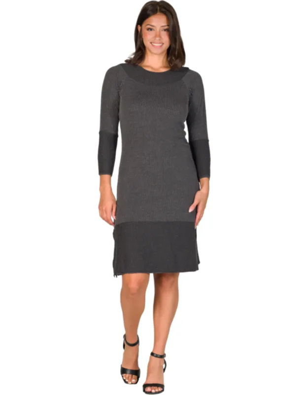 Round Neck Ribbed Knit Long Sleeve Split Hem Knee Length Sweater Dress