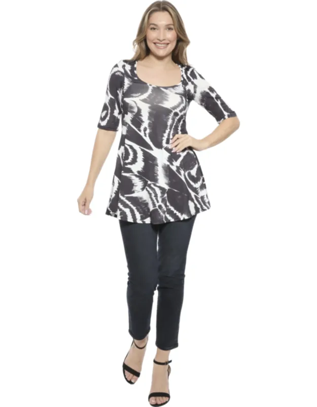 Abstract Scoop Neck Elbow Sleeve Tunic Top
