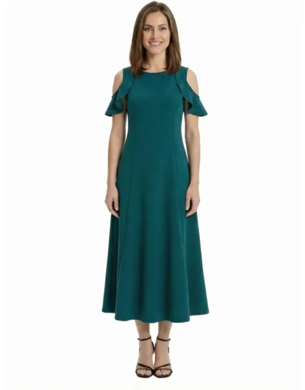 Petite Ruffle Sleeve Cold Shoulder A Line Soft Flare Maxi Dress