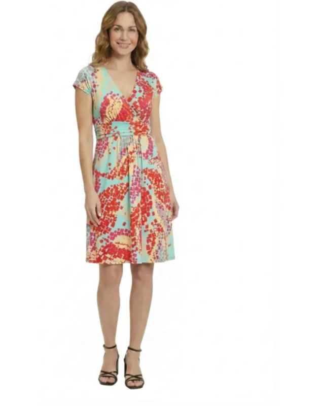 Petite Mosaic V Neck Cap Sleeve Knee Length A Line Pocket Dress