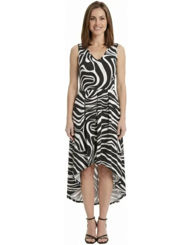 Petite Zebra Sleeveless Fit And Flare High Low Pocket Midi Dress