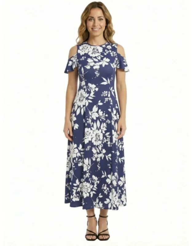 Petite Floral Ruffle Sleeve Cold Shoulder A Line Maxi Dress