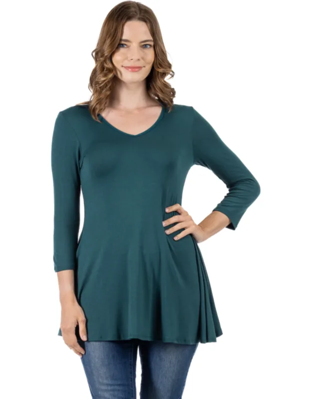 Three Quarter Sleeve V Neck Tunic Top - Flared Silhouette, Comfortable Fit