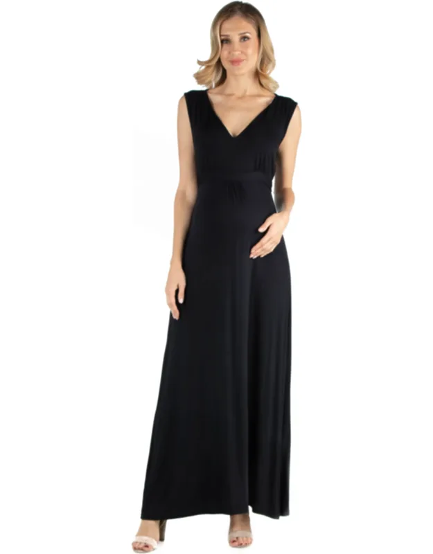 Maternity V Neck Sleeveless Empire Waist Belted Maxi Dress