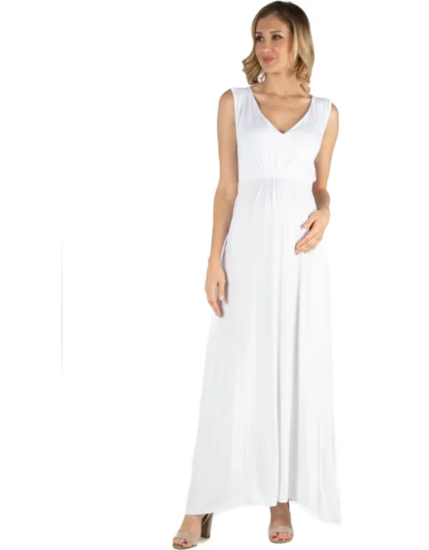 Maternity V Neck Sleeveless Empire Waist Belted Maxi Dress