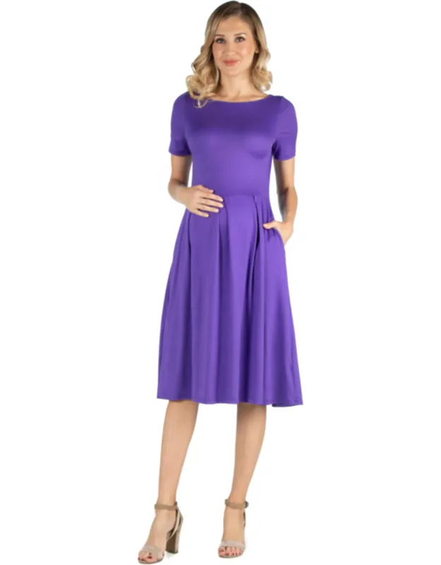 Maternity Boat Neck Short Sleeve Pleated Pocket Midi Dress With Slim Fit Waist And Soft Stretch Fabric