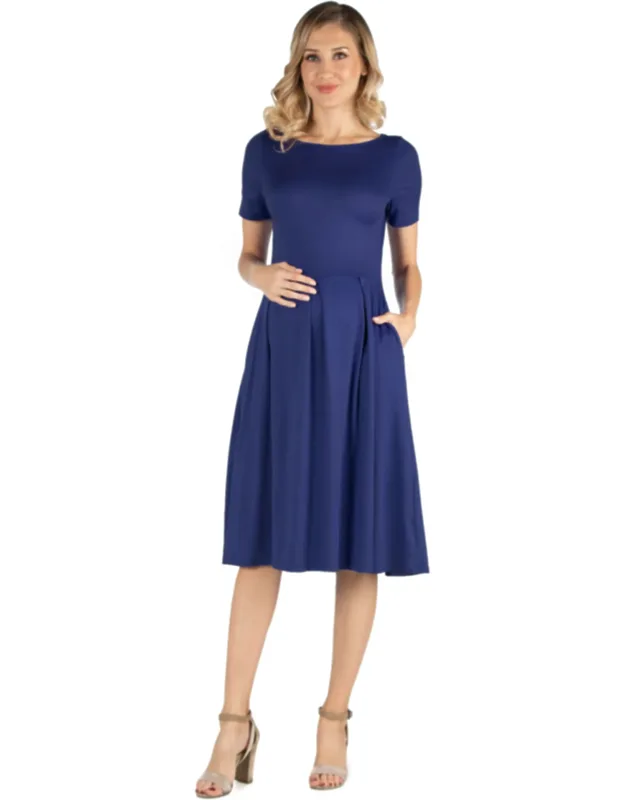 Maternity Boat Neck Short Sleeve Pleated Pocket Midi Dress With Slim Fit Waist And Soft Stretch Fabric