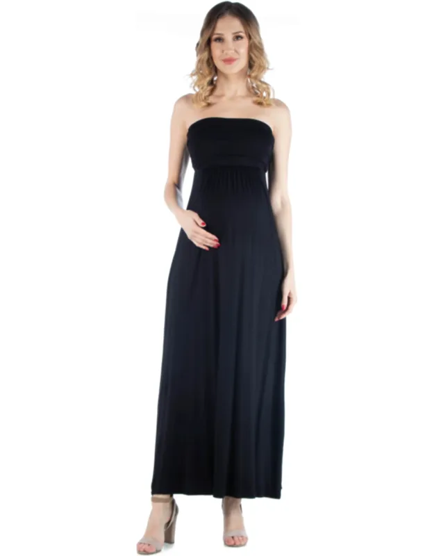 Strapless Empire Waist Ruched Detail Pleated Maxi Dress - Soft Stretch Fabric, Machine Washable
