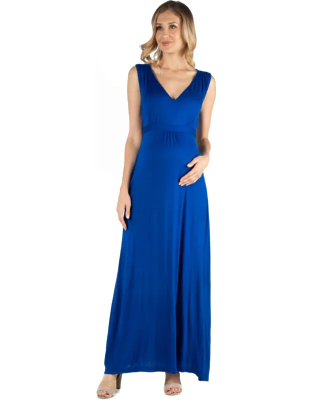 Maternity V Neck Sleeveless Empire Waist Belted Maxi Dress