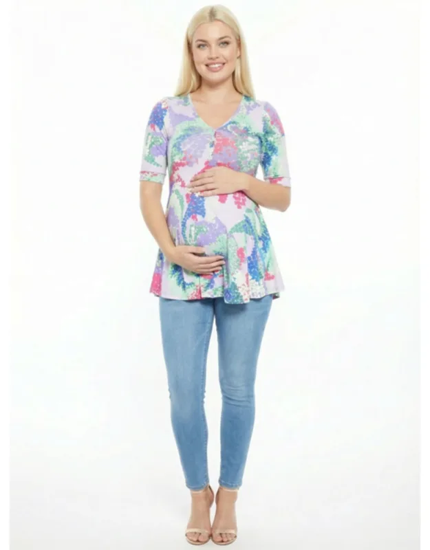 Maternity Abstract V Neck Elbow Sleeve Henley Tunic Top