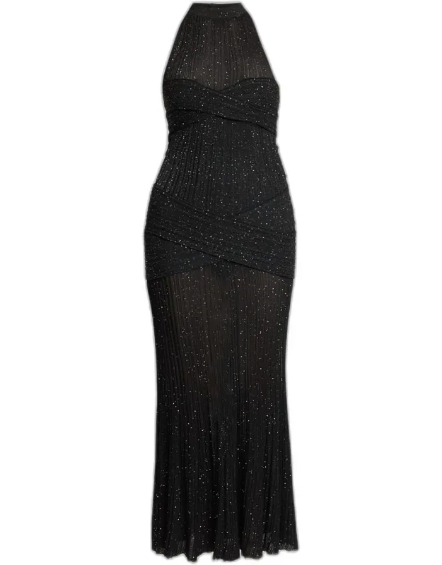Glittered Crisscross Semi-sheer Halter Dress