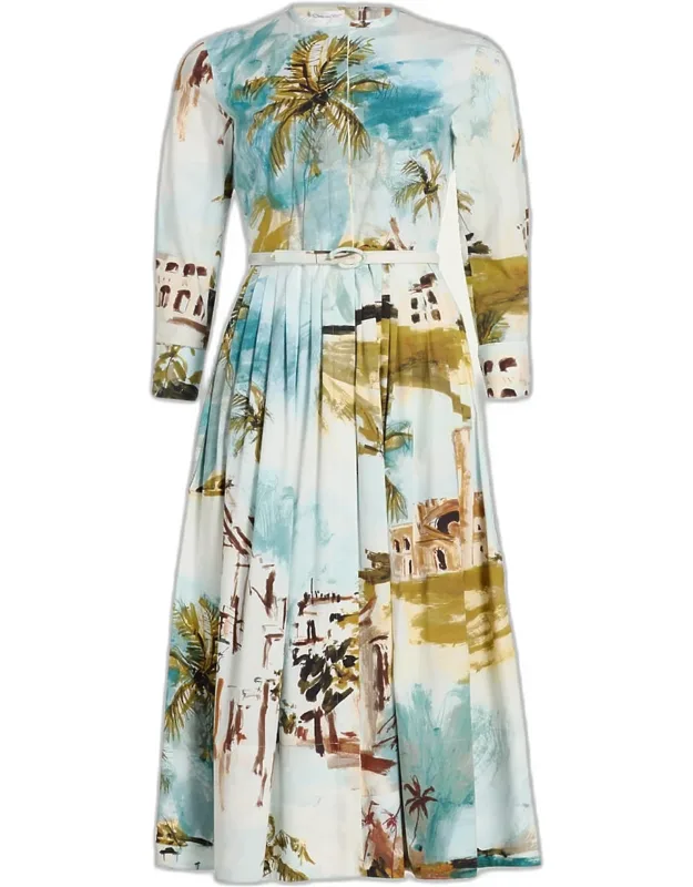 Long-sleeve Landscape-print Cotton Poplin Midi Shirtdress