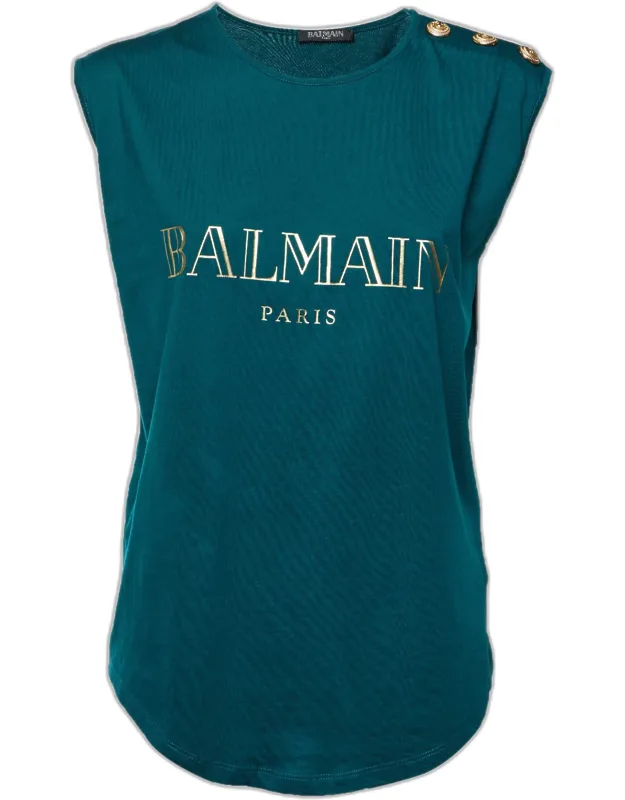 Logo Print Jersey Button Detail Sleeveless T-shirt