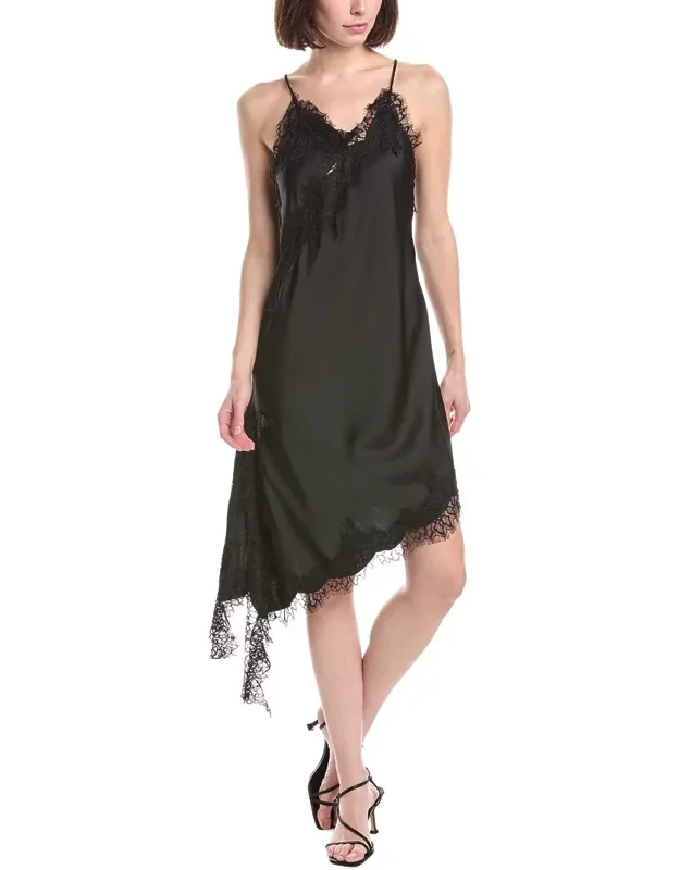 Lace Mesh Trim Detail Satin Asymmetrical Dress