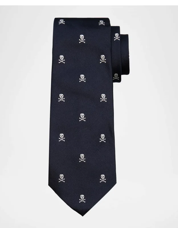Embroidered Skull Crossbones Silk Tie
