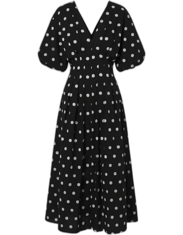 Pleated Polka Dot Midi Dress