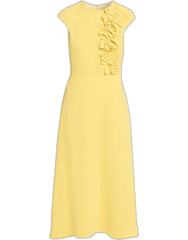 Floral Applique Stretch Crepe Midi Dress