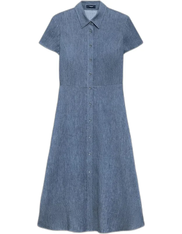 Short-sleeve Button-front Linen-blend Midi Dress