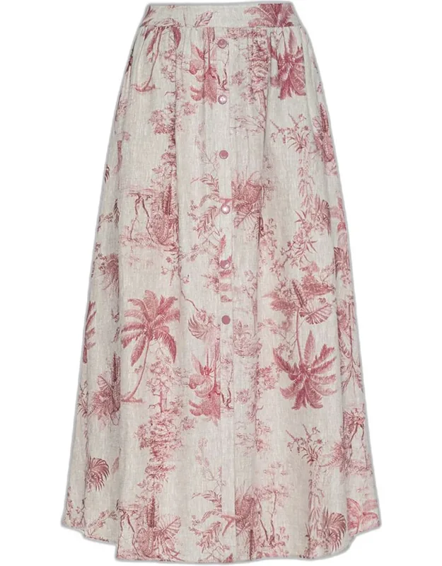 Pleated Etoile-print Linen Midi Skirt