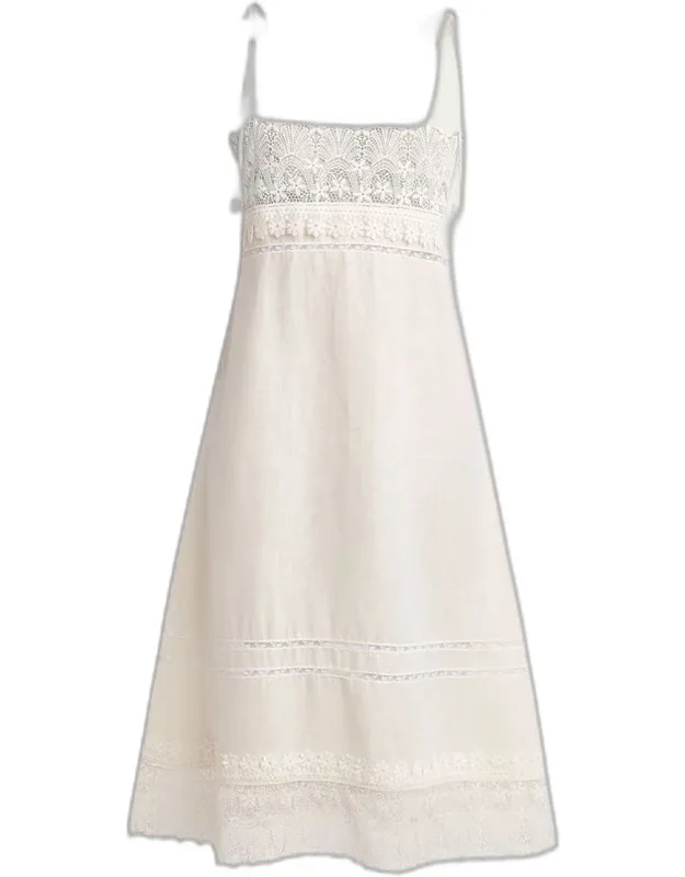 Lace-trimmed Linen Sleeveless Midi Dress