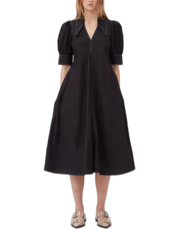 Cotton Poplin V-neck Midi Dress