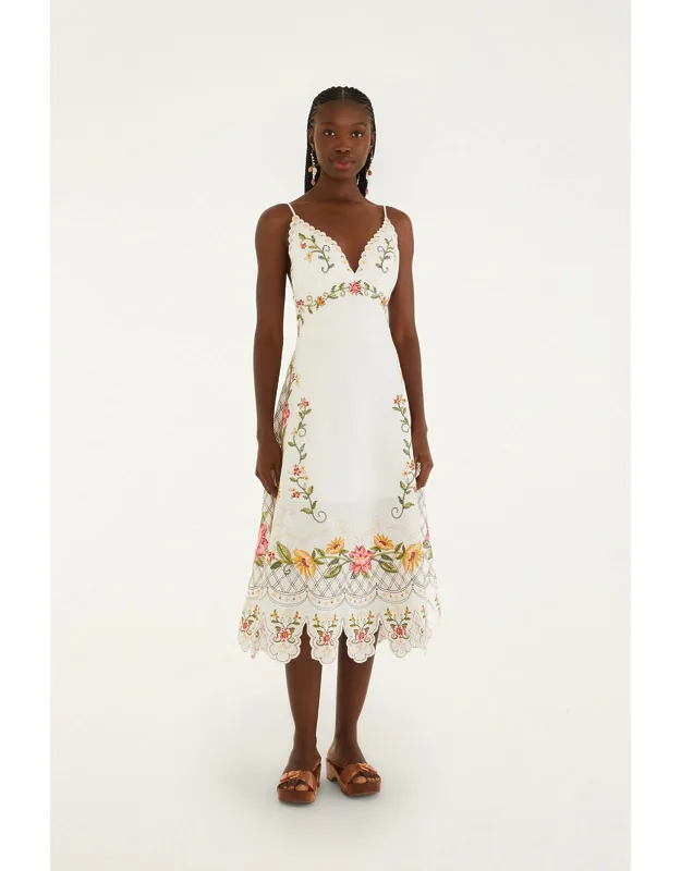 Off-white Flower Embroidery Asymmetrical Hem Midi Dress