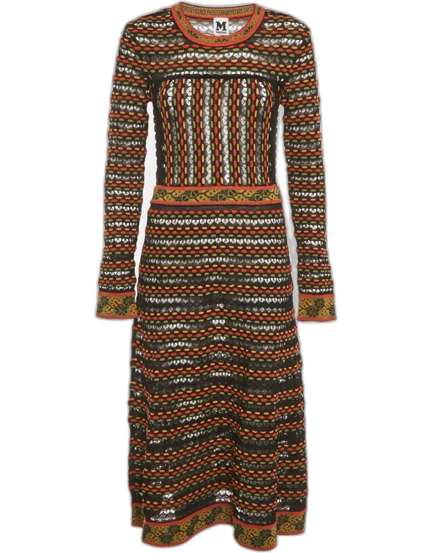 _pointelle Knit Long Sleeve Midi Dress, Light And Polished For Daytime And Evening Wear_