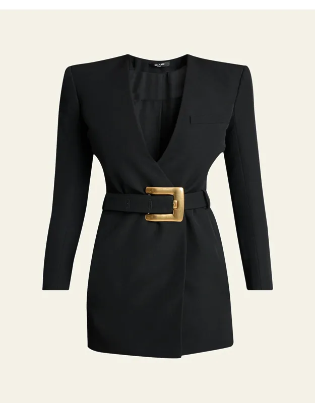 Belted Strong-shoulder Long-sleeve Mini Dress