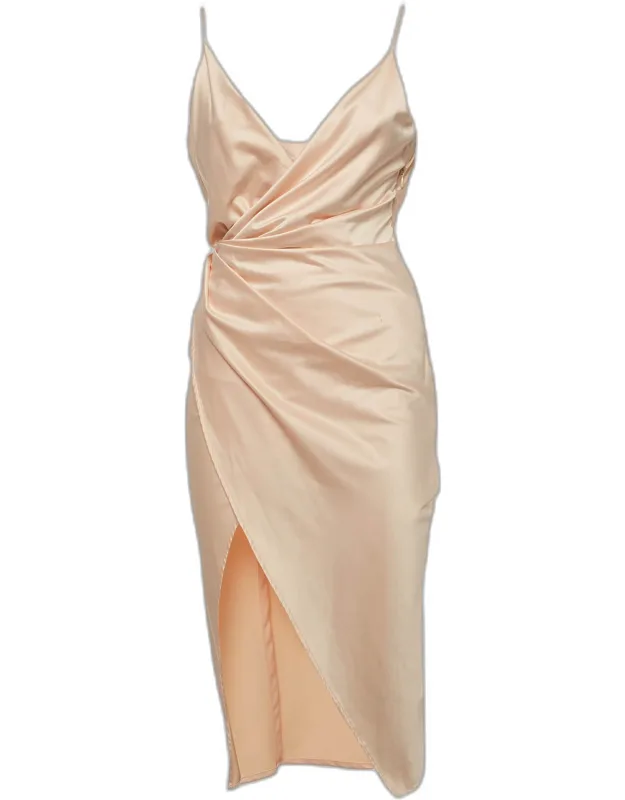 Satin Draped Slit Midi Dress