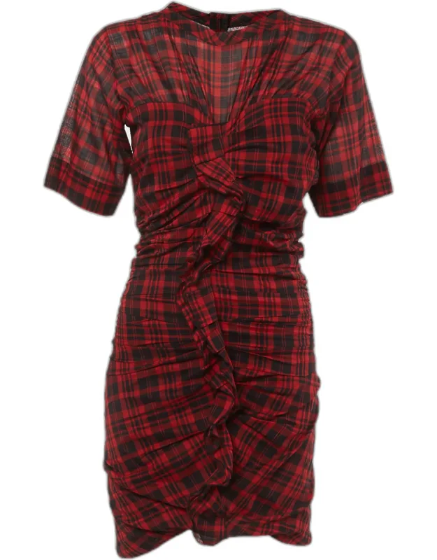 Plaid Print Cotton Ruched Mini Dress
