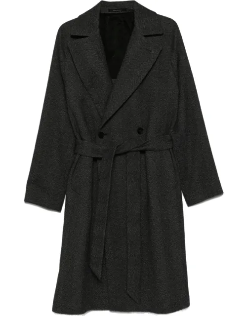 Herringbone-pattern Belted Coat