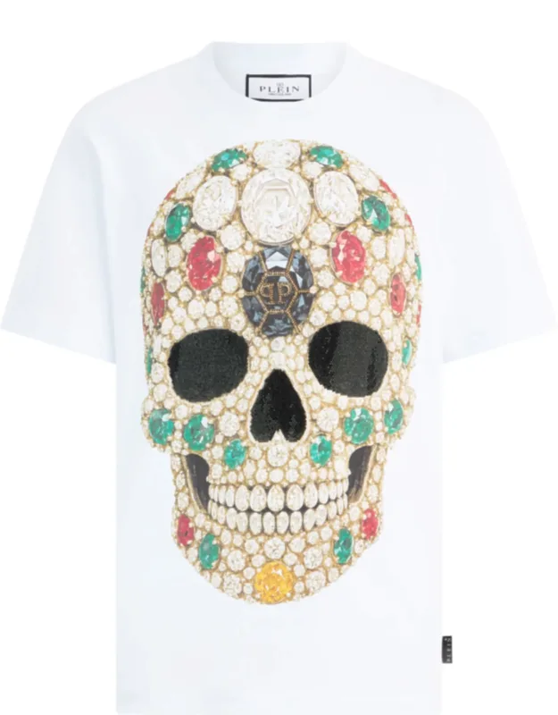 Round Neck T-shirt With Rhinestoned Pattern And Rib Knit Neckline
