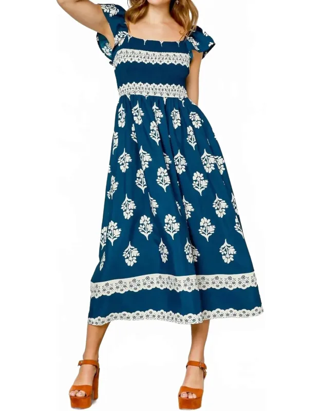 Floral Block Print Ruffle Sleeve Midi Dress