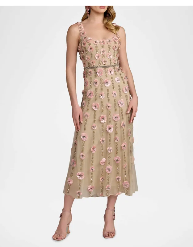 3d Floral-embellished Midi Dress