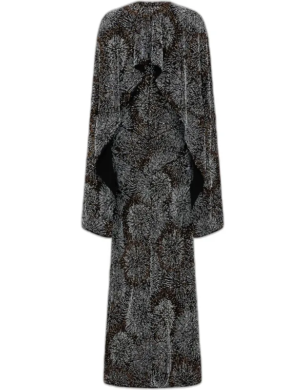 Embroidered Long-sleeve Cape Maxi Dress