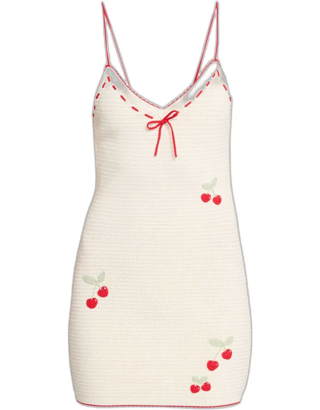 Cherry-embroidered Crochet Mini Dress