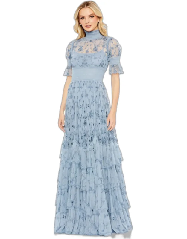 Floral Embroidered Smock Neck Tiered Ruffle Dress
