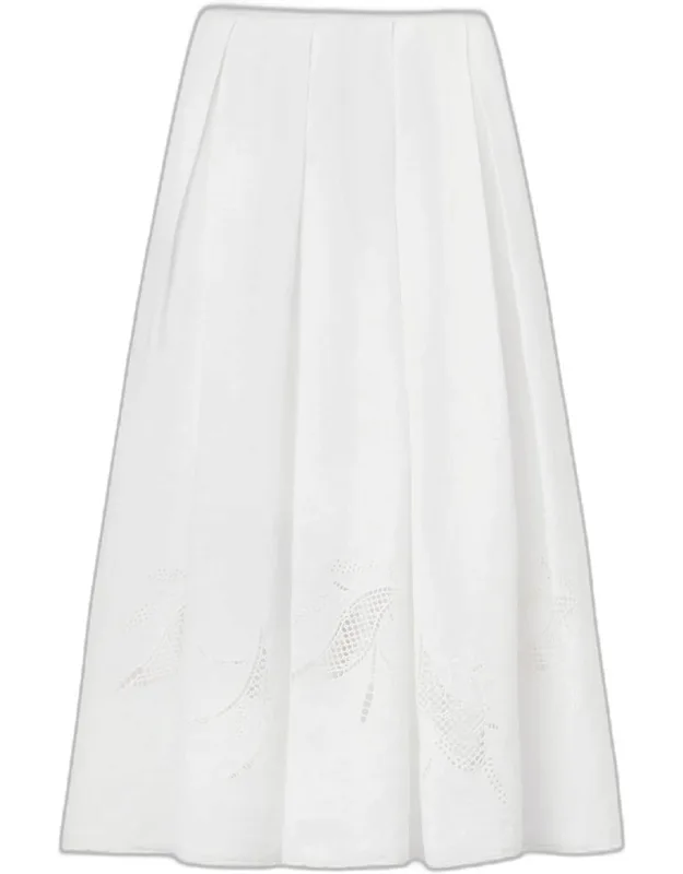 Pleated Cutout Embroidered Linen Maxi Skirt