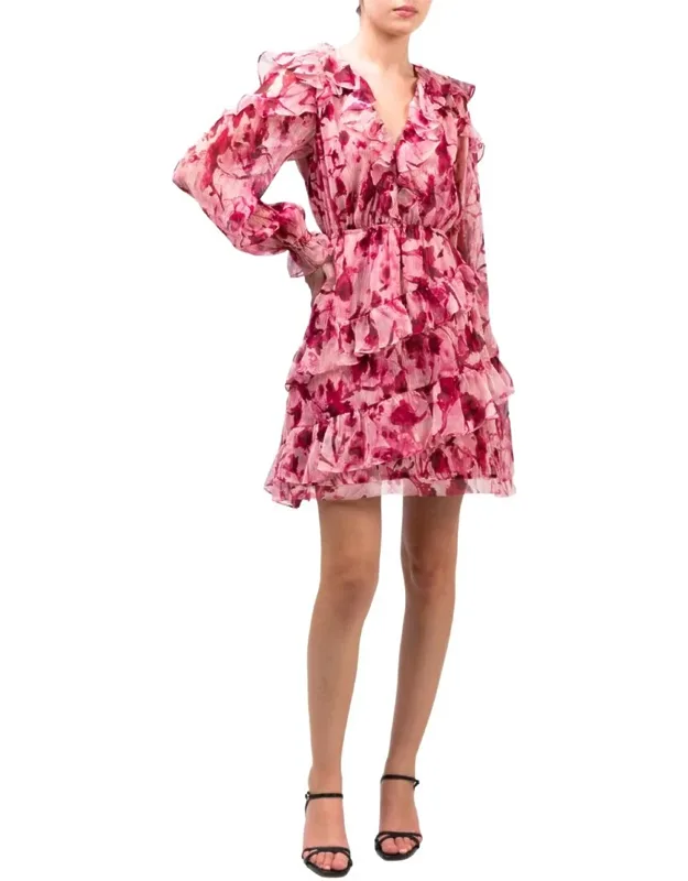 Pleated Long Sleeve Chiffon Mini Dress