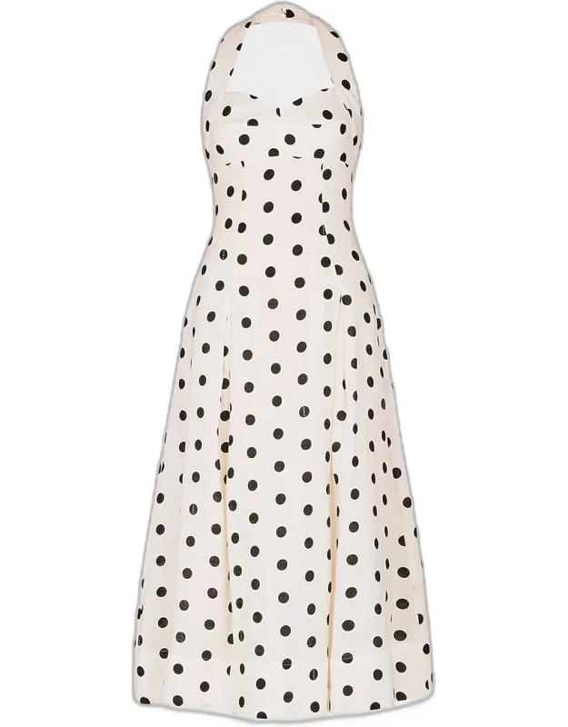 Pleated Polka Dot Halter Midi Dress